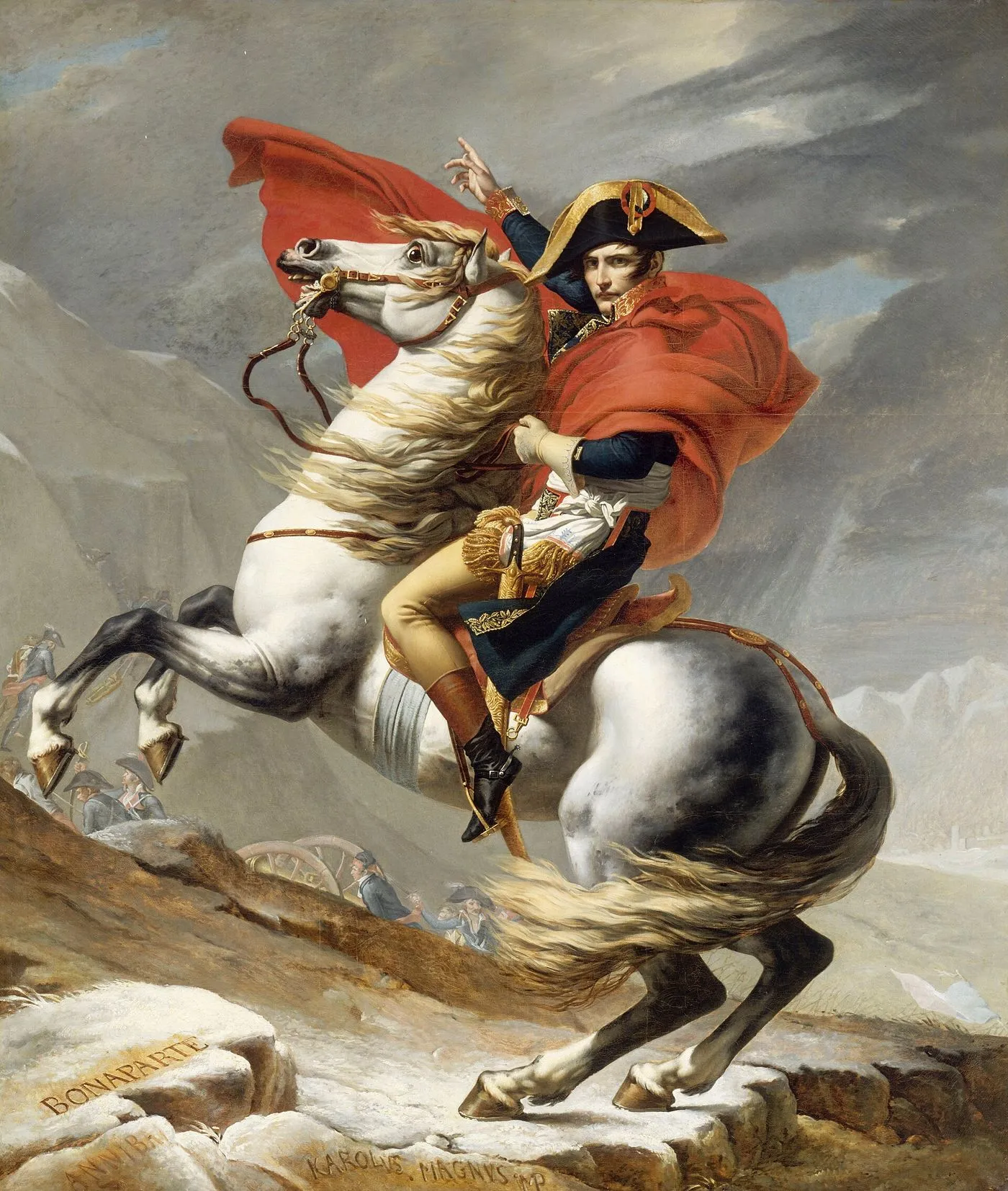 Pintura de Napoleão Bonaparte montado em um cavalo branco empinado, nos Alpes